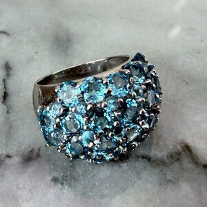 Super Sparkling 925 Sterling Silver Blue Topaz Cluster Dome Ring